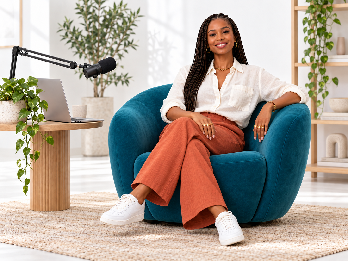 Woman with braids relaxing in a bright podcast studio while Sendie handles her business